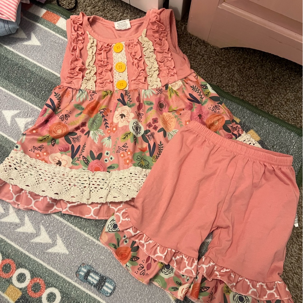 Floral Pink Ruffle Dress and Shorts Set